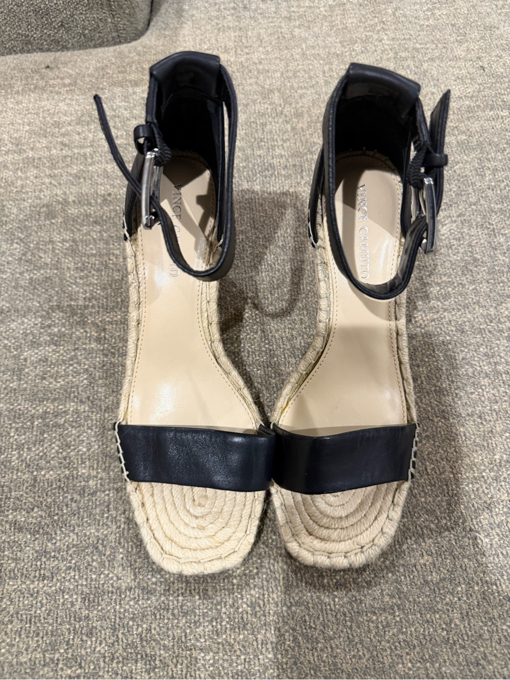 Vince Camuto Black Leather Espadrille Wedge Sandals